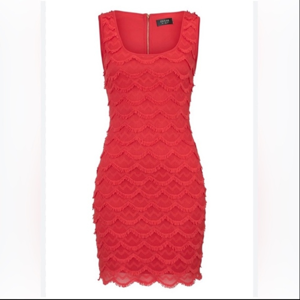 Guess Maria Coral Pink Lace Fringe Crochet Scalloped Zip Dress Size 6 NWOT